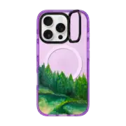 iPhone 16 Pro Impact Ring Stand Case MagSafe Compatible WOODLAND RETREAT 4, FOREST TREES GREEN AQUA TEAL NATURE MOUNTAINS PAINTING