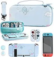 RHOTALL Cute Carrying Travel Case for Nintendo Switch ,Blue Strap,Scratch Shockproof Slim Cover Case ,Screen Protectors and 2 Thumb Grip caps- Blue dog