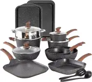 17 Piece Pots and Pans Set Non Stick, Nonstick Induction Granite Kitchen Cookwar