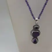 Artisan Crafted African Amethyst 3 Stone Pendant Bead Necklace Sterling Silver