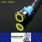 5 x Yellow LED 19mm Metal Push Button Switch 12V-24V Pre-Wired Self-Rest Switch