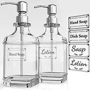 Soap Dispenser 2 Pack, 18 Oz Antique Design Thick Glass Hand Soap Dispensers with 304 Rust Proof Stainless Steel Pump 4 Clear Stickers for Bathroom Kitchen - Silver