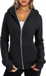 LeoLeozz Womens Zip Up Hoodies Fleece Jackets Oversized Sweatshirts Fall Fashion Outfits Sweaters Winter Clothes (X-Large,Black)