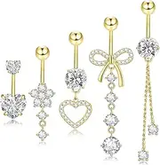 [CandyHome] 14G Clicker Belly Button Ring, Dangle Belly Button Rings, Surgical Stainless Steel CZ Belly Button Piercing for Women, Cute Navel Rings Body Jewelry with Heart Flower Bow, Gold/Silver/Pink