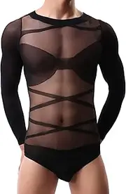 [Maiyifu-GJ] Men See Through Mesh Bodysuit Sheer Long Sleeve Thongs Jumpsuit One Piece Transparent Leotard Lingerie Sleepwear