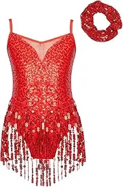[Fldy] Girls Sleeveless Latin Dance Dress Leotard Kids Sequins Sparkly Rumba Cha Cha Dancewear Outfit