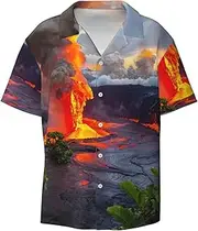 [pvinnk] Kilauea Volcanos Print Classic Short Sleeve Button Down Casual Shirt Keep Cool Relaxed Summer Activities