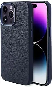 [Synchro Bands] for iPhone 15 Pro Max Leather Case Compatible with MagSafe, Stylish Litchi Grain Cowhide Leather Phone Case with Protective Soft Lining 6.7 Inch, Navy