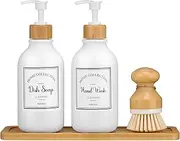 Zopeal 4 Pieces Kitchen Soap Dispenser Set 16 oz Dish with Bamboo Pump Tray and Brush Bathroom Waterproof Labels for Hand Lotion (Frosted White) (TV-Zopeal-1884913)