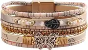 [GelConnie] Butterfly Leather Cuff Bracelet Boho Wrap Bracelet Magneitc Multi Strand Bracelet Gold Plated Metallic Layered Bracelets for Women, Sister, Wife