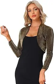 [Allegra K] Women's Glitter Shrug Cocktail Evening Shiny Crop Cardigan Long Sleeves Sparkly Bolero
