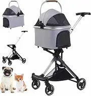 Small Dog Stroller, Puppy Stroller with Detachable Carrier, Quick Folding Pet Stroller with Wheels, Cat Stroller Dog Stroller Trolley, One-Hand Fold, Max 22 LBS Support gray