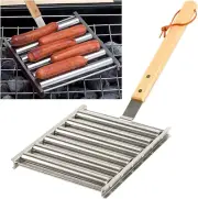 Stainless Steel Hot Dog Roller with Extra Long Wooden Handle – BBQ Griller for E
