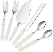 FwQoFvk 6 Pcs Wedding Cake Knife and Server Set with White Pearl Handle, 304 Stainless Steel Cake Cutting Set, Elegant Cake Knife for Wedding Bridal Shower Engagement