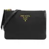 PRADA 1BH046 浮雕銀字LOGO荔枝牛皮雙層斜背包.黑/金