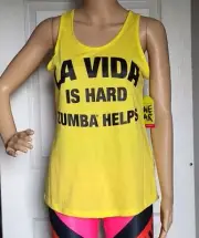 Zumba "LA Vida Is Hard Helps Zumba" Women's Size XS Racer Back Tank Top Yellow