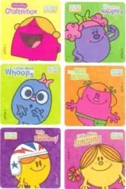 6 x Square Stickers ~ Mr Men Little Miss Sunshine Chatterbox Dusted Glitter ~