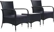 Gardeon 3pcs Wicker Patio Furniture, Bistro Set Table and Chairs Outdoor Lounge Setting Conversation Sets Dining Chair Garden Backyard, Cushion with Rattan Coffee Table Glass Tabletop Black XL