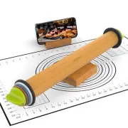 Rolling Pin with Adjustable Thickness Rings and Pastry Baking Mat Dough Thick...