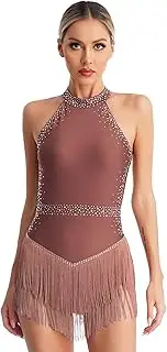 [Yhong] Womens Shiny Rhinestones Tassel Leotard Sleeveless Backless Fringe Bodysuit Dress for Dance