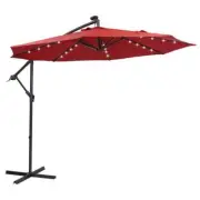 Runesay Hanging Beach Market Umbrella 10ft w/ Cross Base+Solar LED 32-Lights Red