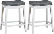 [Giantex] Set of 2 Backless Bar Stools, Kitchen Counter Bar Stools with Exquisite Nailhead and Solid Rubber Wood Legs, Saddle Bar Stools for Dining Room Living Room, 64cm Height, White with Grey Cushion