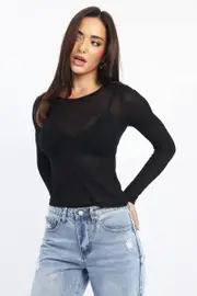 Black Sheer Top Long Sleeve Round Neck - Size 16XL, Women's T-shirt