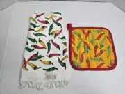 Vintage R A Briggs Kitchen Towel Pot Holder Set Chili Peppers Red Green Yellow