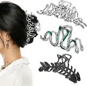 Yunlly 3 Pcs Metal Hair Claw Clips Sets with Snake Shape, Fish Bone Design & Silver Geometric, Large Hair Clip Gothic Accessories Styling Clamps for Women Girls, Summer