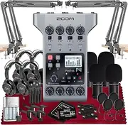 Zoom PodTrak P4 Portable Multitrack Podcast Recorder, Audio Interface w/ 4 Mic Inputs, 4 Headphone Outputs with 64GB SD, 4X Zoom Podcast Mic Pack, 4X Pop Filter Set, 4AA Rechargeable Batteries & More