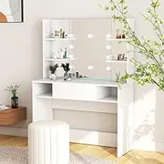 Makeup Table with LED Lights 100x40x135 cm MDF White,Elegant Modern Makeup Vanity with Mirror and LED Lights for Storage Vanity Units