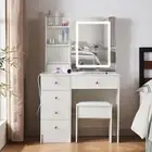 Dressing Table Stool Set Makeup w/Sliding LED Mirror Vanity Make up Desk White