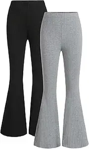 [WDIRARA] Girl's 2 Piece Elastic Waist Flare Bell Bottom Ribbed Knit Long Pants