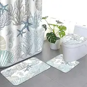 APROPHIC Ocean Shower Curtain Set, 4-Piece Underwater World Sea Creatures Bathroom Set with Shower Curtain and Rug, Toilet Lid Mat and U-Shaped Pad, Washable with 12 Hooks