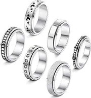 FIBO STEEL 6Pcs Stainless Steel Spinner Ring for Women Fidget Band Rings Moon Star Sand Blast Finish Ring Set for Stress Relieving Wedding Promise Size 5-13