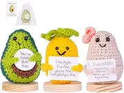 3PCS Handmade Emotional Support Avocado Gift with Positive Card, Cute Crochet Avocado Knitted Doll Decoration with Front Card, Wooden Base for Birthday Gift Home Decoration(A1)