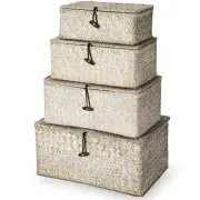Set of 4 Seagrass Basket with Lids Woven Rattan Wicker Storage Basket Decorat...
