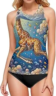 [Joitme] Chic Plaid Green Beige Swim Tops, Small Womens Tankini Tops Only, Womens Tankini Tops with Built in Bra