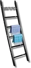 Wooden Blanket Ladder - 62 Inches - Decorative Ladder for Blankets, Throws, Quilts - 6 Tiers Ladder Blanket Holder with Hooks, Non-Slip Pads - Black, Grey, White, Brown (Black)