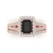 1.60 Emerald Round Cut Halo Natural Onyx Promise Bridal Ring set 14k Rose Gold