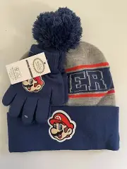 Super Mario Pom Beanie Winter Hat & Gloves Set - Kid’s Youth Blue Grey New