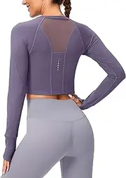 [SANTINY] Women's Long Sleeve Crop Workout Tops Slim Fit Gym Yoga Running Shirts for Women