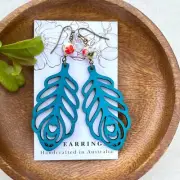 Capri Blue Wooden Feather Charm Dangle Earrings with Floral Porcelain Beads