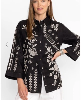 Johnny Was NWT Kimono Sleeve Linen Shirt Black With White Embroidery Small