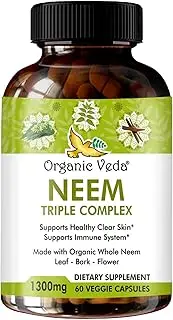 Organic Veda Neem Capsules Triple Complex - Max Strength Pure High-Potency Azadirachta Indica Capsule Made with Organic Whole Neem Leaf-Bark-Flower for Skin & Immune Support – 60 Veggie Capsules