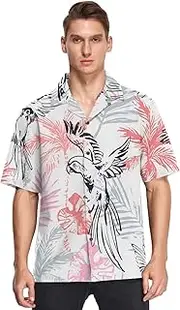[GuoChe] Hawaiian Mens Casual Button Down Shirts Short Sleeve Bright Grunge Palm Trees Tropical Leaves Parrots Dating ropa de