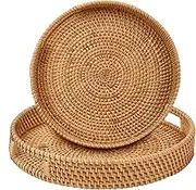 Whalehub Round Rattan Serving Tray with Handles,2 Hand Woven Basket, Home Decor Organizer Tray for Breakfast, Tea, Snack, Fruit, Coffee, Storage (Large + Medium)(14.17inchX2.3inch+11.9inchX1.7inch