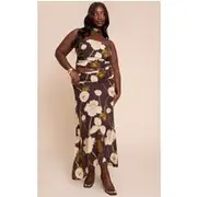 Plus Dark Chocolate Floral Printed Chiffon Ruched Maxi Skirt, Dark Chocolate