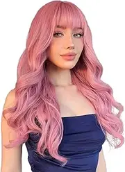 N NAYASA Pink Wigs with Bangs Long Wavy Pink Wigs for Women Synthetic Natural Wavy Wig Heat Resistant Colorful Wigs for Daily Party Cosplay Use 22”