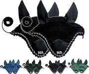 Majestic Ally 2 Pcs Handcrafted Crochet Fly Veil with Ear Net and Braided Rope for Horse (Black)